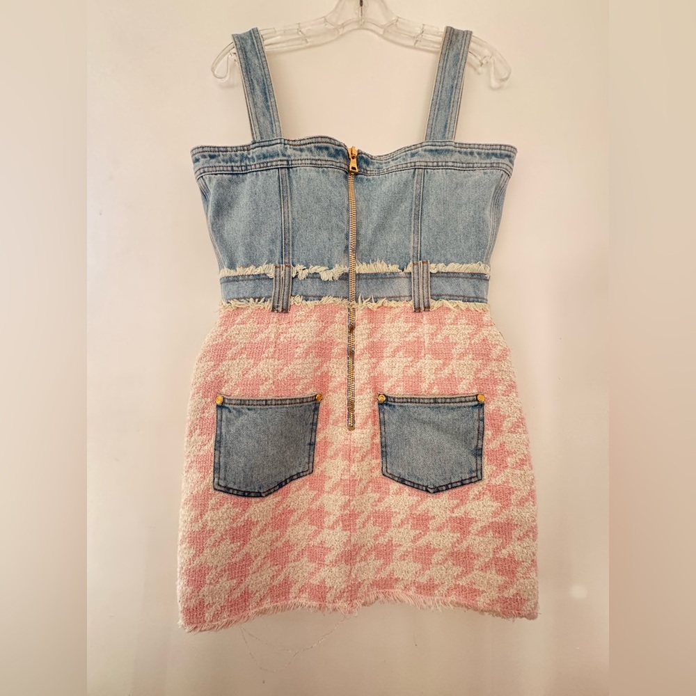 Balmain Paris Denim & Pink Tweed Houndstooth Mini Dress with Gold Buttons - Picture 5 of 13